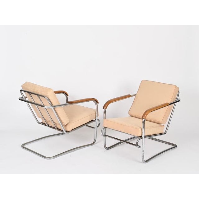 Tubular Chrome and Walnut Armchairs with Suede Upholstery, 1940s, Set of 2 For Sale - Image 12 of 18