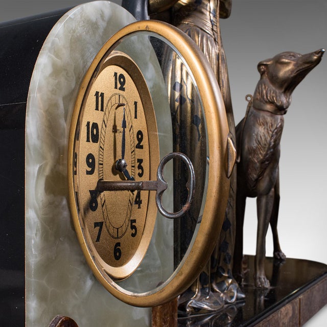 Large Vintage Figural Mantle Clock, French, Onyx, Pair of Garnitures, Art Deco For Sale - Image 9 of 12