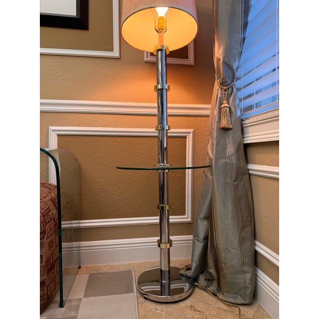 Vintage Chrome & Brass Floor Lamp Glass Table Hollywood Regency Faux Bamboo MCM For Sale - Image 4 of 8