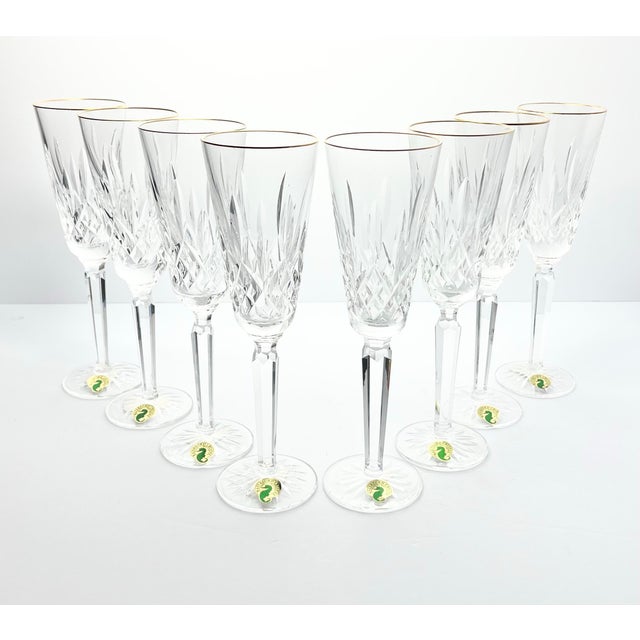 Contemporary Waterford “Golden Lismore (Tall)” Crystal Gold Rim Champagne Glasses - Set of 8 For Sale - Image 3 of 7
