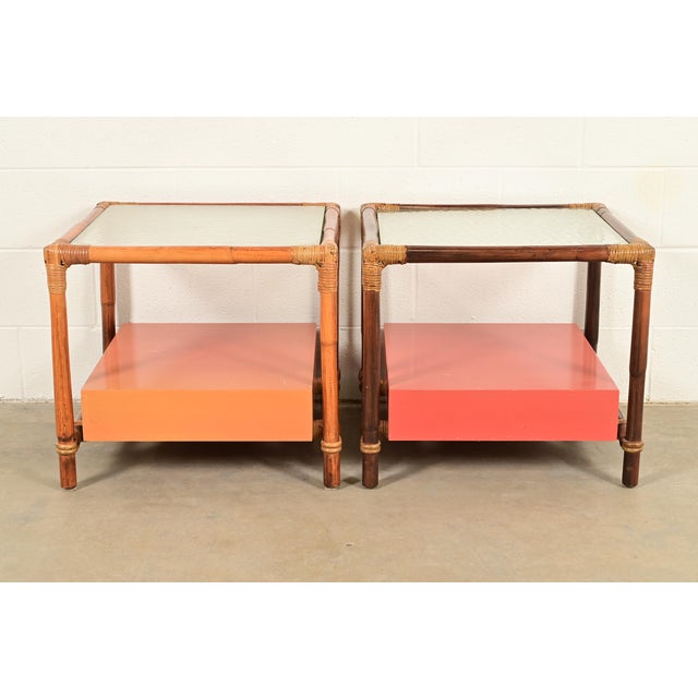 John Wisner for Ficks Reed Mid-Century Hollywood Regency Bamboo Rattan Glass Top Side Tables, Pair For Sale - Image 10 of 11