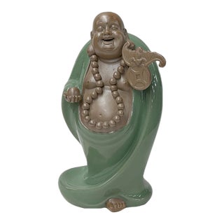 Joyful Laughing Buddha Gloss Dark Jade Green Robe Ceramic Coin Bat Ru Yi Figure For Sale