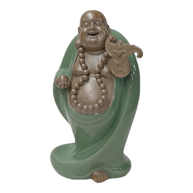 Joyful Laughing Buddha Gloss Dark Jade Green Robe Ceramic Coin Bat Ru Yi Figure For Sale