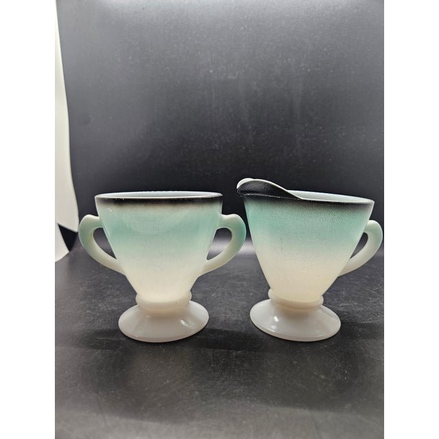 Hazel-Atlas Vintage Hazel Atlas Turquoise Ombre Creamer and Sugar Bowl Set in the Ovide Pattern Made of Platonite Milk Glass For Sale - Image 4 of 6