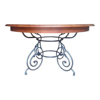 Ethan Allen French Country Round Dining Table With Forged Iron Base and Extension For Sale
