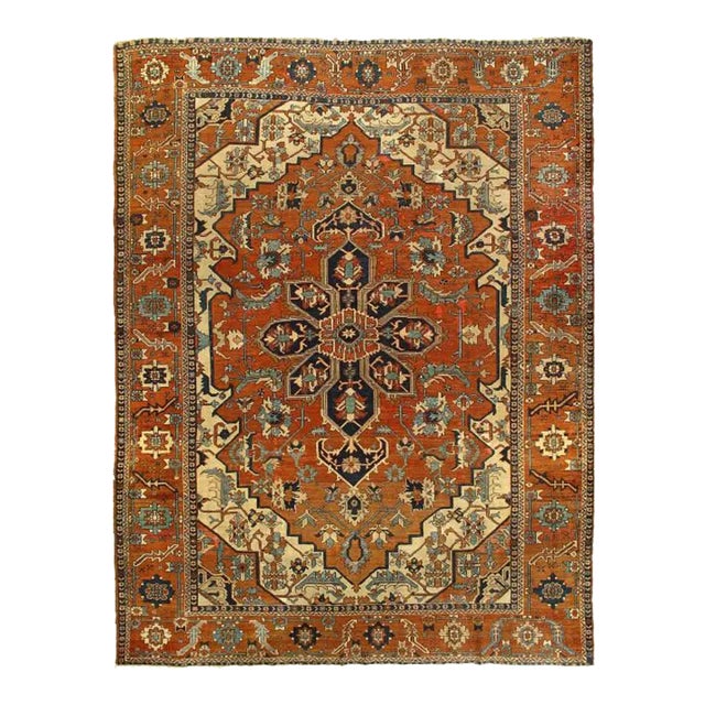 Mid 18th Century Rust Hand Knotted Persian Antique Serapi For Sale