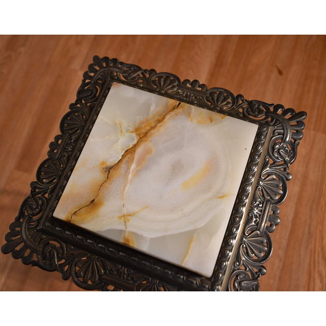 1900 - 1909 1900s Antique Victorian White Metal & Onyx Inset Two Tier Stand / Small Table For Sale - Image 5 of 11