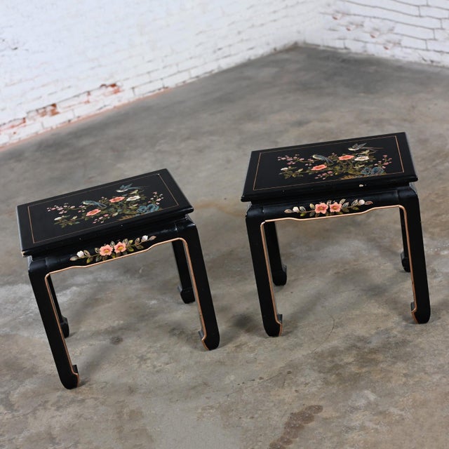 Exquisite vintage distressed Chinoiserie pair of black lacquered end or side tables with straight legs, Ming feet, and...