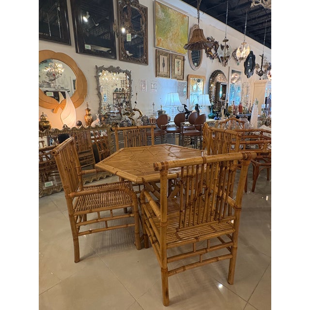 Vintage Bamboo Rattan Reed Dining Game Table & 4 Dining Arm Chairs For Sale - Image 9 of 12