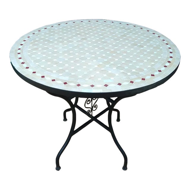 Contemporary White Round Iron Table With Mosaic Artwork For Sale