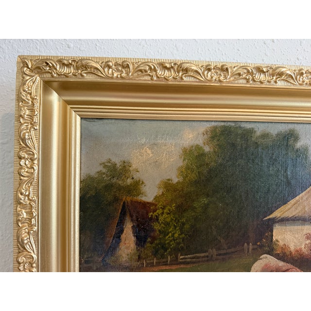 Antique Oil Painting on Canvas Cows Farm Landscape Pastoral Scene Signed Framed For Sale In Jacksonville, FL - Image 6 of 15