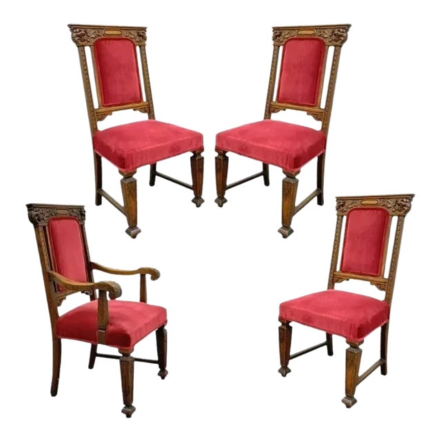 Early 20th Century Antique Renaissance Revival Figural Lion Carved Oak Dining Chairs - Set of 4 For Sale