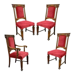 Early 20th Century Antique Renaissance Revival Figural Lion Carved Oak Dining Chairs - Set of 4