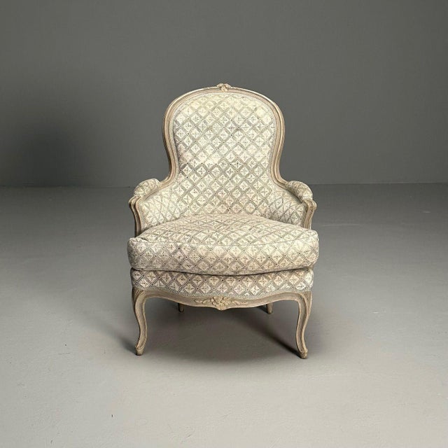 Louis XV Style, Bergère Chairs, Grey Painted Wood, Fabric, France, 1890 For Sale - Image 15 of 18