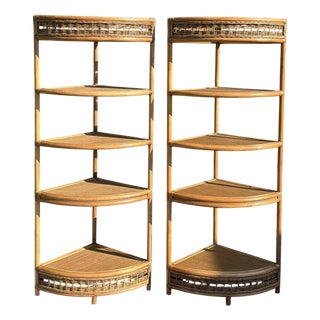 Vintage Tall Palm Beach Coastal Woven Rattan Corner Étagères, Pair For Sale
