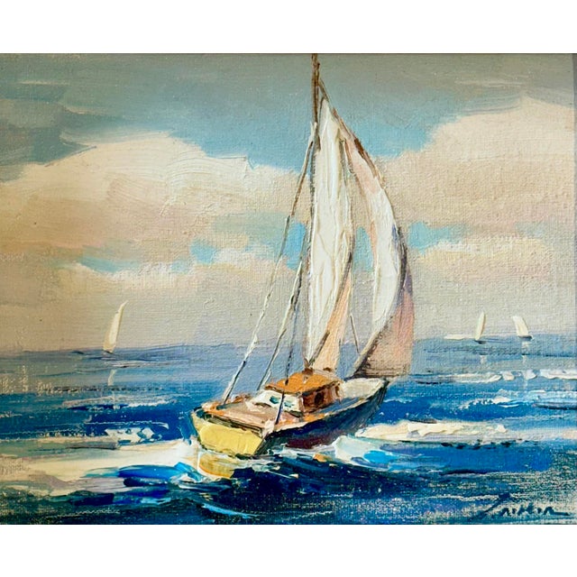 An original oil on canvas of a single sailboat cutting through open blue water beneath a billowing sky. Painted with...
