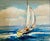 An original oil on canvas of a single sailboat cutting through open blue water beneath a billowing sky. Painted with...