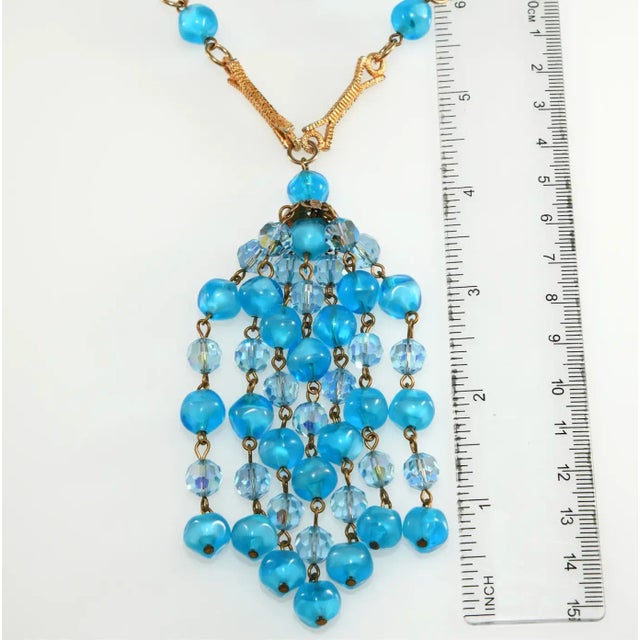Abstract Vintage Tassel Necklace Caribbean Blue Glass Beads For Sale - Image 3 of 3
