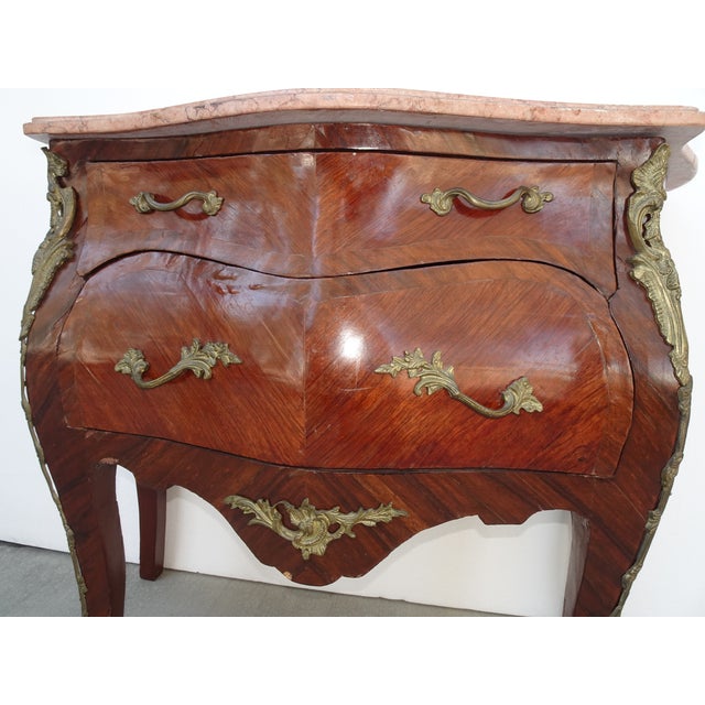 Vintage French Louis Vxi Marquetry Commode Bombe Side Table W Marble and Ormolu For Sale - Image 4 of 12