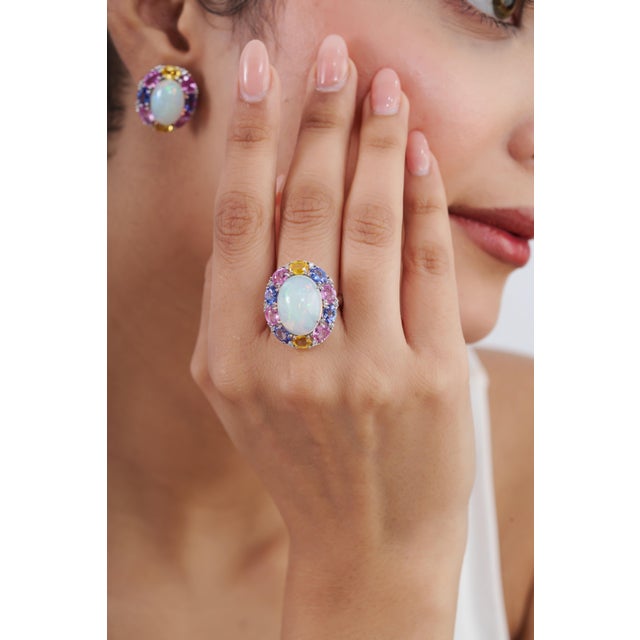 Not Yet Made - Made To Order 9.01ct Ethiopian Fire Opal, Multi-Sapphire and Diamond Antique 18k White Gold Ring Size 4 For Sale - Image 5 of 18