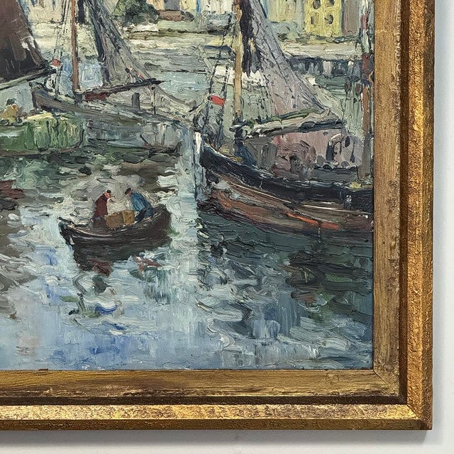 Cornflower Blue Antique Framed Oil Painting on Canvas by Rene Clarot (1882-1972) For Sale - Image 8 of 15