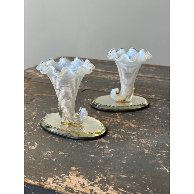Metal Vintage Opalescent Blown Glass Cornucopia-Style Trumpet Vessels on Mirrored Cut Glass Bases, a Pair, Circa 1930s For Sale - Image 7 of 12