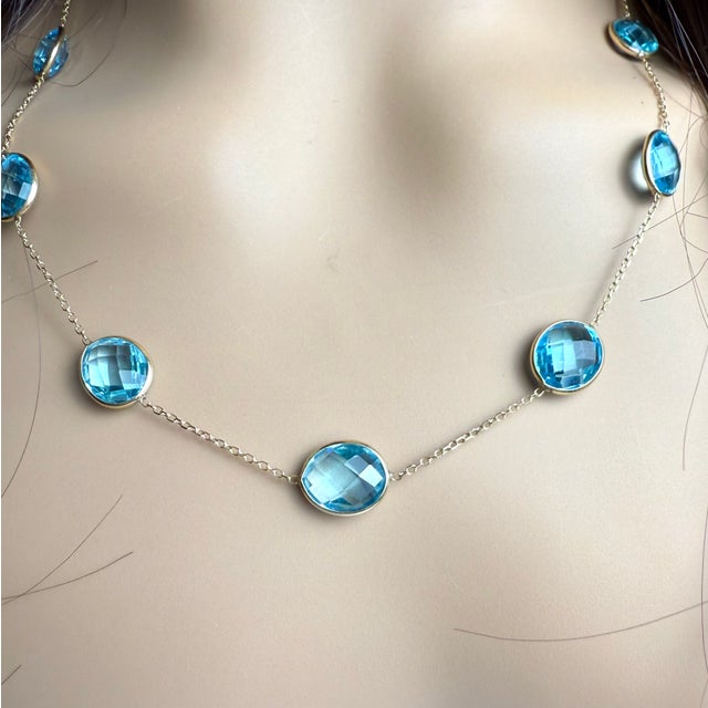 14k Yellow Gold Large Sized Blue Topaz Bezel Station Necklace 20 Inch For Sale In New York - Image 6 of 10