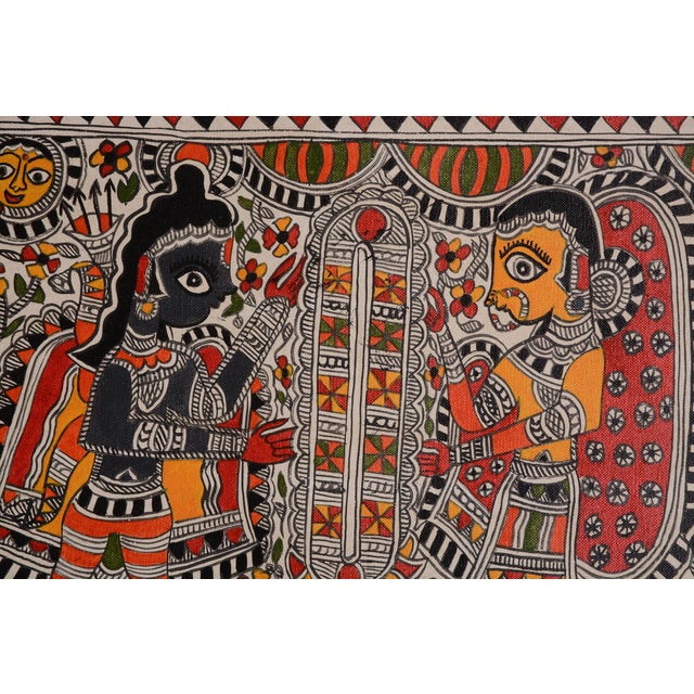 This striking hand-painted Madhubani folk-art composition by Mamta Devi, recipient of the National Award in 2016,...