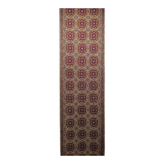 Vintage Persian Qum Runner Rug, Hand-Knotted Wool, Allover Geometric Pattern, 3x13, Tan & Red For Sale