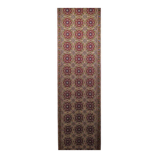 Vintage Persian Qum Runner Rug, Hand-Knotted Wool, Allover Geometric Pattern, 3x13, Tan & Red For Sale