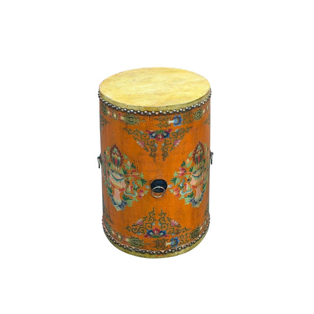 Asian Distressed Light Orange Tibetan Style Jewel Symbol Round Drum Table For Sale - Image 3 of 10