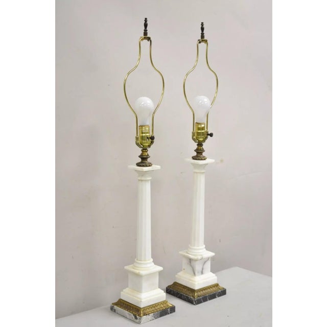 Neoclassical Vintage Italian Neoclassical White Marble Column Form Table Lamps - A Pair For Sale - Image 3 of 12