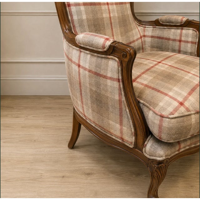 Vintage French Style Plaid Bergère Chair For Sale - Image 4 of 6