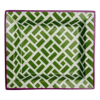 1980s French Green Geometric Catch-All Dish With Magenta Trim by Fabienne Jouvin Paris For Sale
