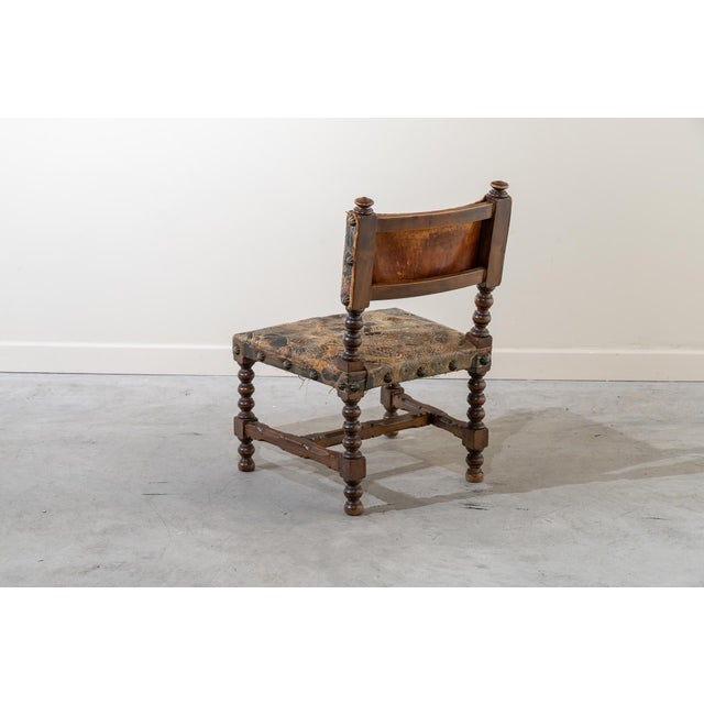 Baroque Small Antique 19th Century Walnut Dais Chair with Embossed Leather Upholstery, Spain For Sale - Image 3 of 13