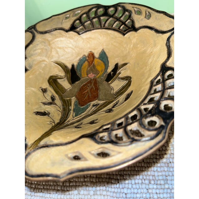 Paint Mid-Century Brass Hand Painted Floral Design Decorative Bowl For Sale - Image 7 of 9