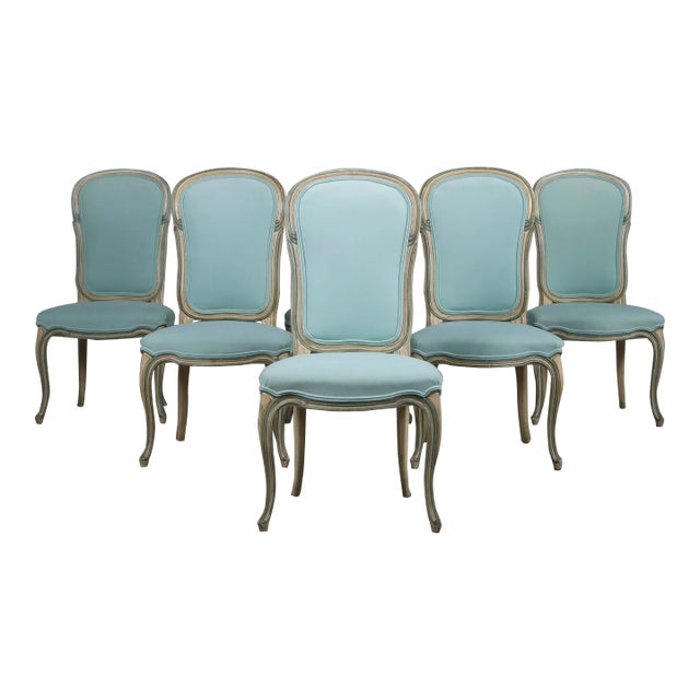 Baker Furniture French Provincial Louis XV Style Painted Dining Chairs W/ Mint Velvet - Set of 6 For Sale