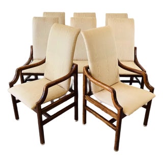 Vintage 1970s Henredon Mid Century Oak Wood Dining Chairs Set of 8 Campaign Style For Sale