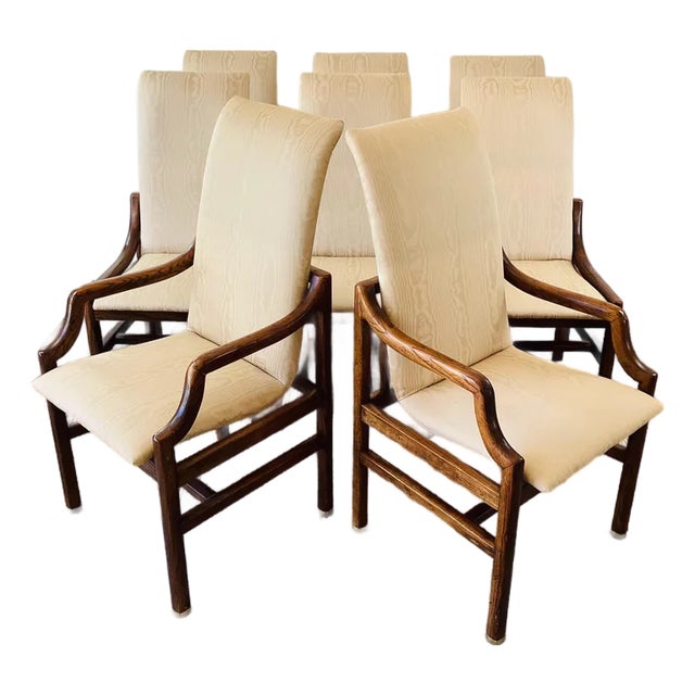 Vintage 1970s Henredon Mid Century Oak Wood Dining Chairs Set of 8 Campaign Style For Sale