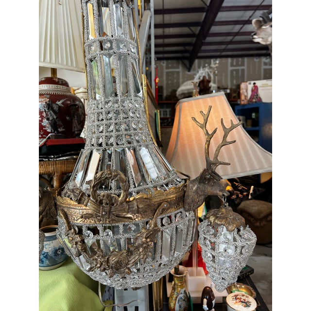 Hollywood Regency 1970s Gold Deer Head Stag Crystal Sconces - A Pair For Sale - Image 3 of 8