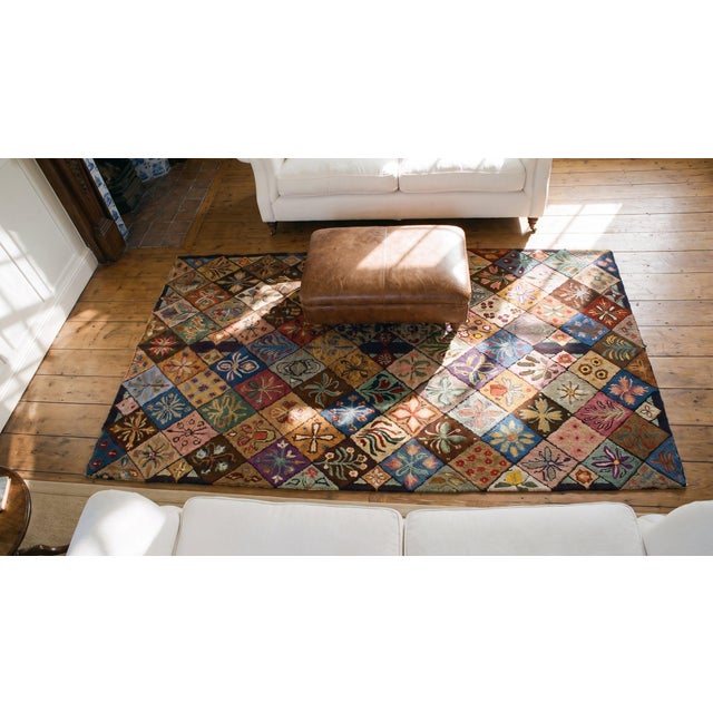 1930s Multi Geometric Folk Art Antique American Hooked Rug 6' X 8'9" Woven Wool Carpet For Sale - Image 15 of 15