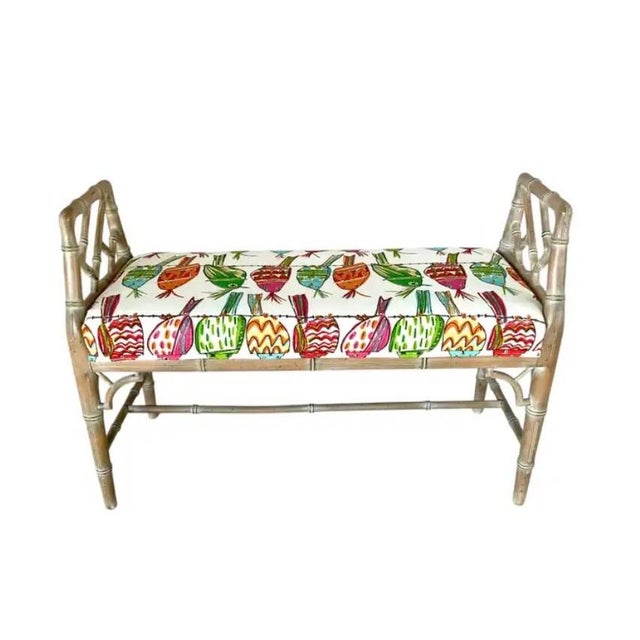 Tan Vintage Faux Bamboo Upholstered Bench, Hollywood Regency, Mid 20th Century For Sale - Image 8 of 12