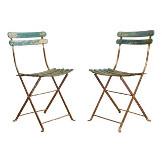 Antique French Folding Slatted Garden Bistro Chairs, 1920s, Set of 2 For Sale