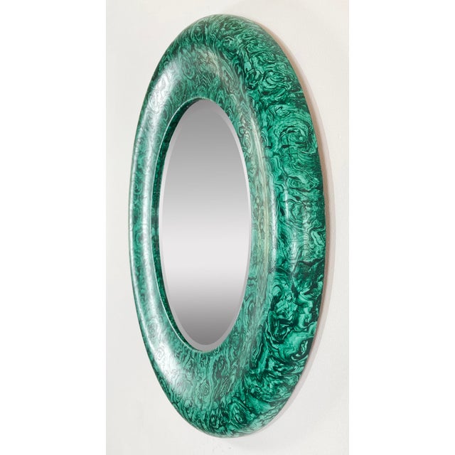 Transitional Vintage Faux Malachite Round Beveled Glass Wall Mirror For Sale - Image 3 of 7