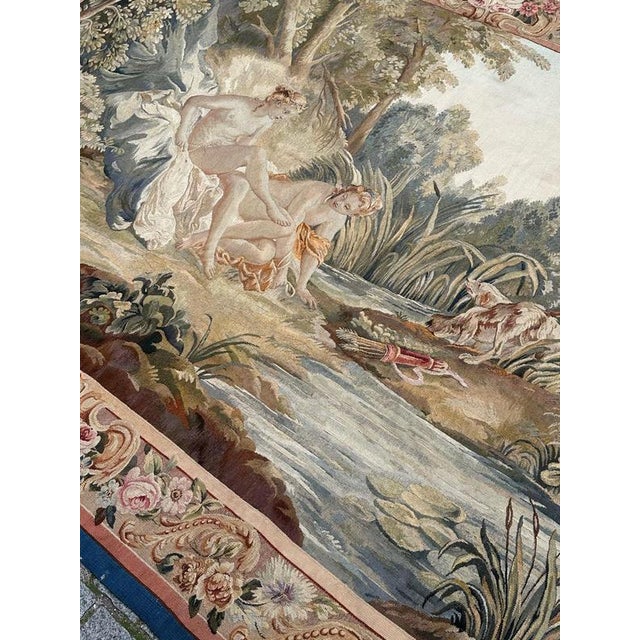 Antique French Handwoven Tapestry with Diane Return of Hunt Scene from Aubusson, 1940s For Sale - Image 18 of 18