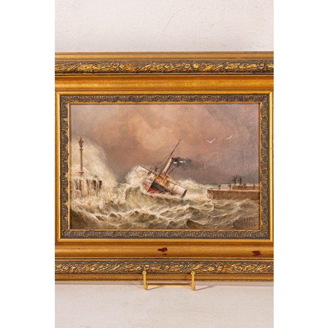 Signed oil on canvas depicting a paddle steamer entering harbor with sailing vessels beyond. Rich maritime detail,...