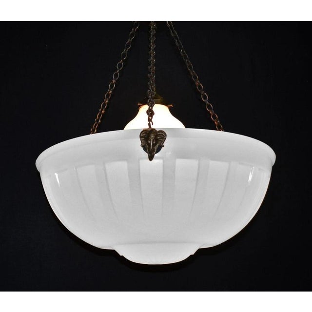 Vintage Art Deco Bronze and Moonstone Glass Rams Head Pendant Light, 1930s For Sale - Image 10 of 18