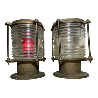 Antique Oceanic Solid Brass Glass Nautical Navigational Ship Deck Lamps - a Pair For Sale