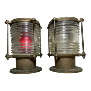 Antique Oceanic Solid Brass Glass Nautical Navigational Ship Deck Lamps - a Pair