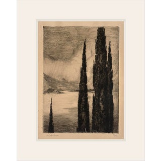 Vintage French Black and White Landscape Etching on Paper With Mat For Sale
